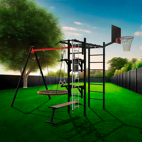 Уличный спортивно-игровой комплекс Sv Sport У3083К (ступени Чёрные / Качели-гнездо 1.15м / Подвесы для качелей на подшипниках 1 комп.)