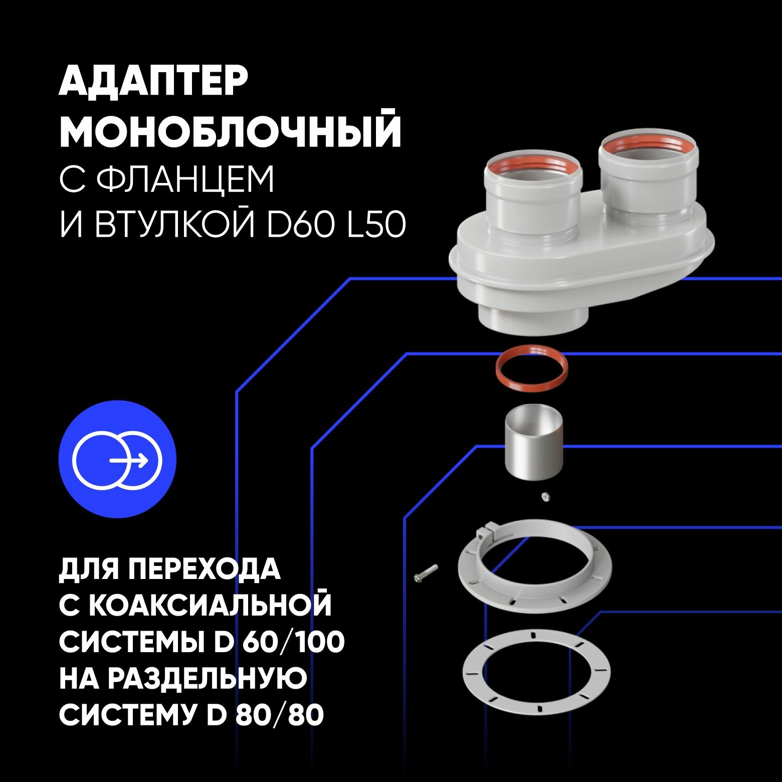 Адаптер моноблочный для перехода на двухтрубную систему 80/80 (Ferroli, Bosch, Buderus, Navien S/C/E, Baxi) с фл. и втулкой D60 L50