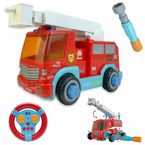 Радиоуправляемая пожарная машина-конструктор с отверткой, светятся фары, звуковое сопровождение, машинка на пульте управления, 21х20х11 см