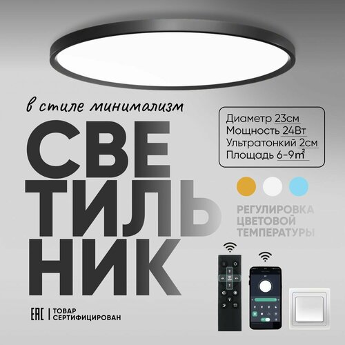 Потолочный настенный светодиодный светильник черный 23см/ ультратонкий 2см / накладной круглый / люстра потолочная на кухню, в спальню, в прихожую /управление с пульта, телефона/ Luch