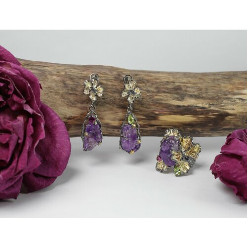 Серьги с подвесками СИЛА ПРИРОДЫ, серебро, 925 проба, аметист, хризолит, бриллиант, родолит, золотой, серебряный