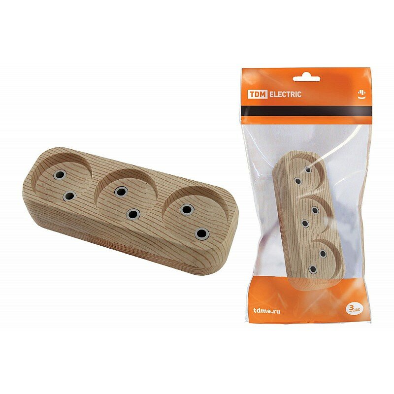 Колодка розеточная 3 гнезда 2П б/з 10А 250В Эко (сосна) TDM цена за 1 шт