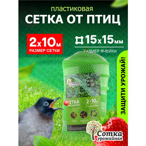 Сетка пластиковая от птиц 15х15 (2 х 10м) Зеленая 'Урожайная сотка'