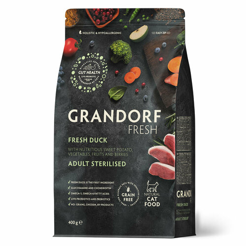 Grandorf Fresh Cat Sterilised беззерновой корм для стерилизованных кошек Утка с бататом, 400 г.