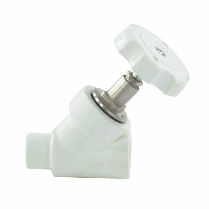 фото Клапан (вентиль) PP-R запорный белый Дн 25х45гр внутр/наруж пайка RTP (РосТурПласт) 14220