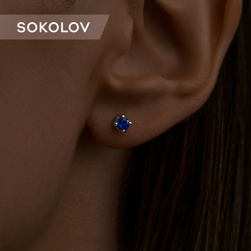 Серьги пусеты SOKOLOV, серебро, 925 проба, родирование, фианит, , синий