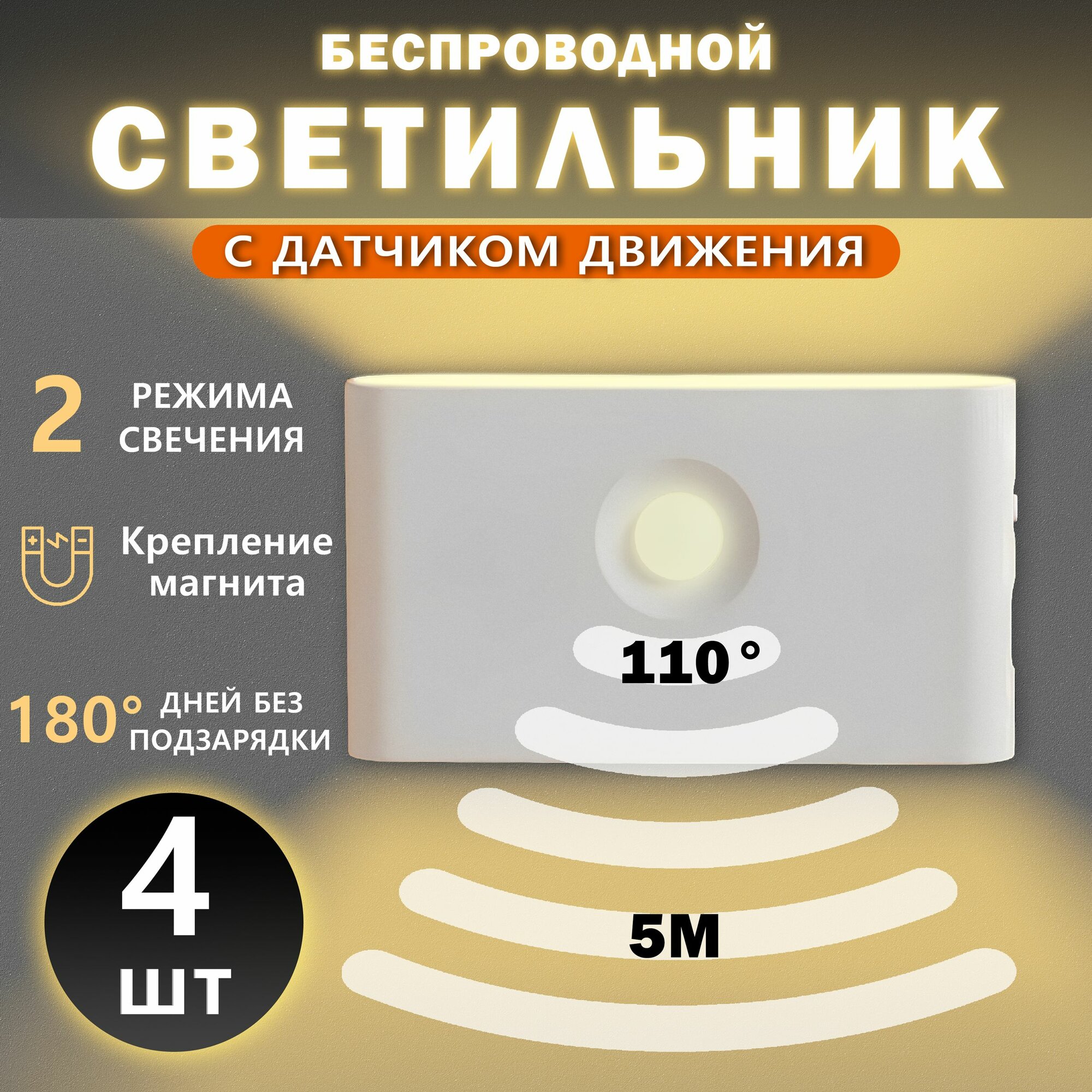 4 шт. LIIHOE Светодиодный ночник с датчиком движения, беспроводной USB перезаряжаемый настенный светильник для спальни, прихожей, гардероба, ванной комнаты