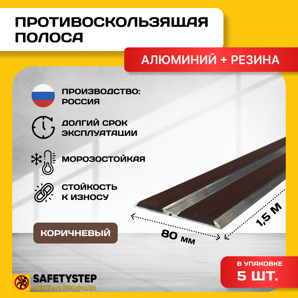 Алюминиевая полоса-порог с 2 резиновыми вставками, цвет вставки коричневый, длина 1.5 метра, 5 штук