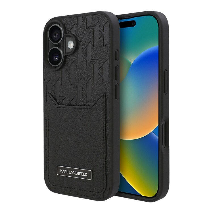 Karl Lagerfeld для iPhone 16 чехол с карманом для карты, PU-кожа Grained Monogram Black