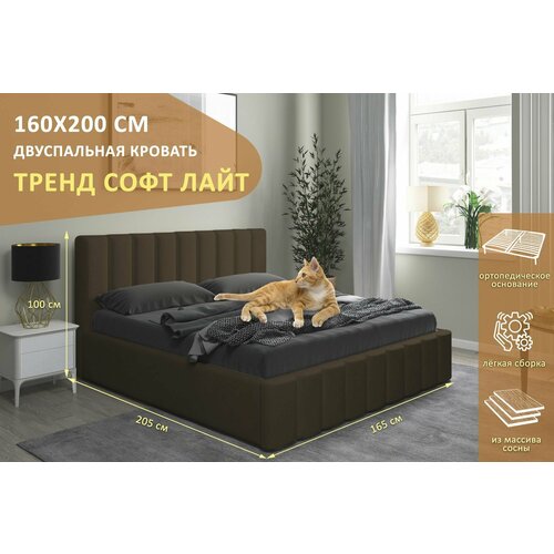 фото Двуспальная кровать тренд софт лайт 160х200 см, с ортопедическим подъемным механизмом, без ножек, цвет черно-коричневый santmax