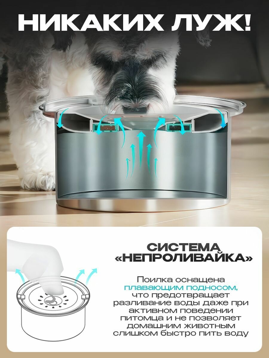 Миска поилка непроливайка для собак и кошек, металлическая из нержавеющей стали, 2,5 л — фото 1