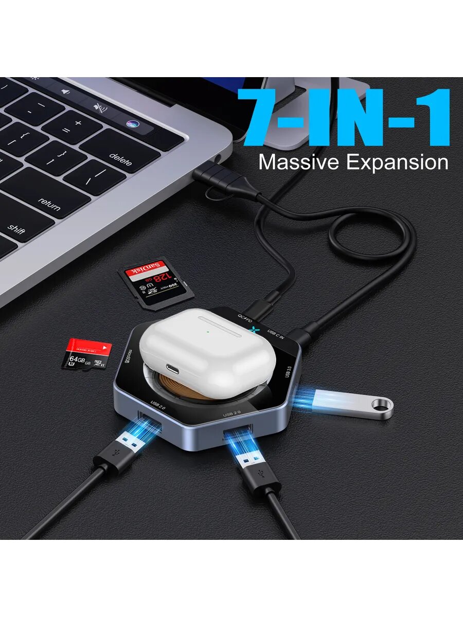 Usb Hub 3.0 Разветвитель на 7 портов, Концентратор USB 7-в-1 — фото 1