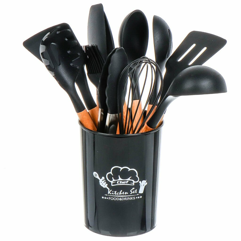 Кухонные Инструменты (Половники И Лопатки) Xiaomi Кухонный набор Kitchen Set силикон и бамбук из 12 шт / цвет черный.
