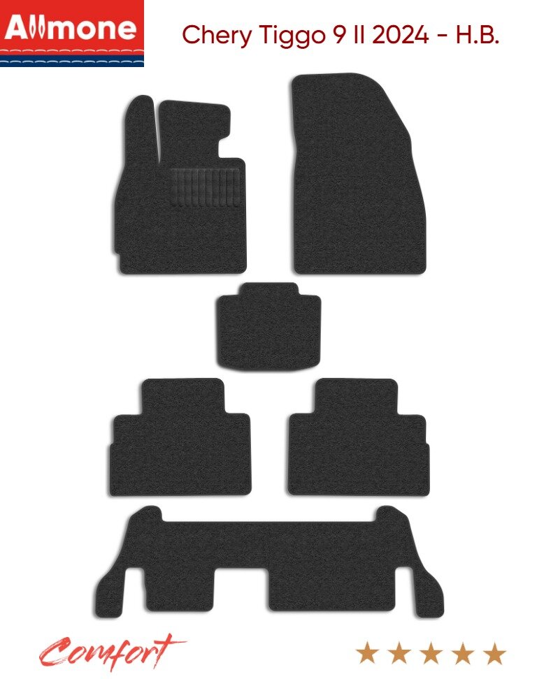 Автоковрики текстильные Allmone "Комфорт" для Chery Tiggo 9 2 (suv) 2024 - Н. В. +3 ряд, темно-серые, 6шт. / Чери Тиго 9 2 / в салон
