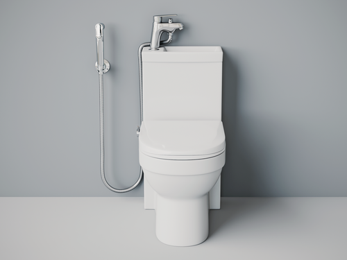 Изображение товара Напольный унитаз со встроенным биде гигиеническим душем раковиной на бачке и смесителем (Комбоунитаз) 8074 AC+A