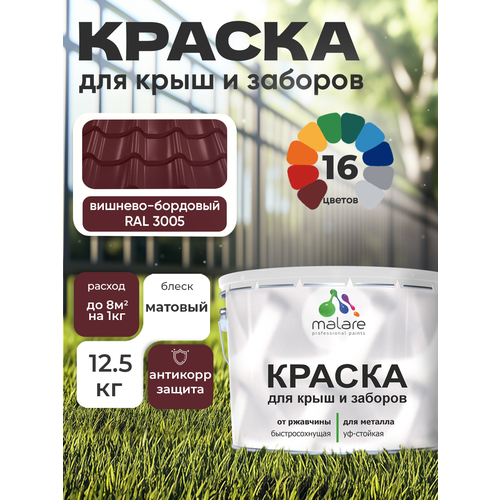 фото Краска malare для металлического забора, для крыши из металла, для металлочерепицы, антикоррозионная, матовый, вишнево-бордовый, 12,5 кг.