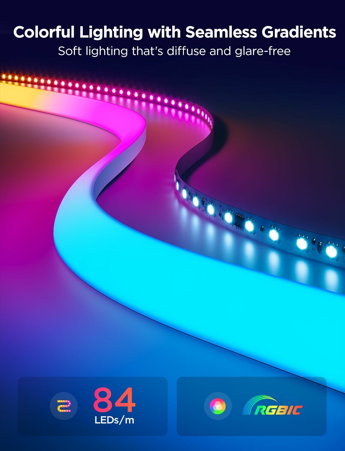 Изображение Светодиодная лента RGB Govee Neon Rope Light for Wall Lining H66413D1, умная LED подсветка 5 метров