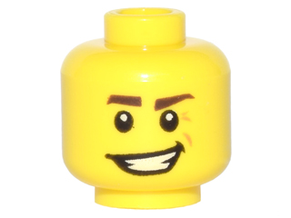 Minifigure, Head Dark Brown Eyebrows, Crooked Smile and Laugh Lines Pattern, 3626pb1214 Yellow U