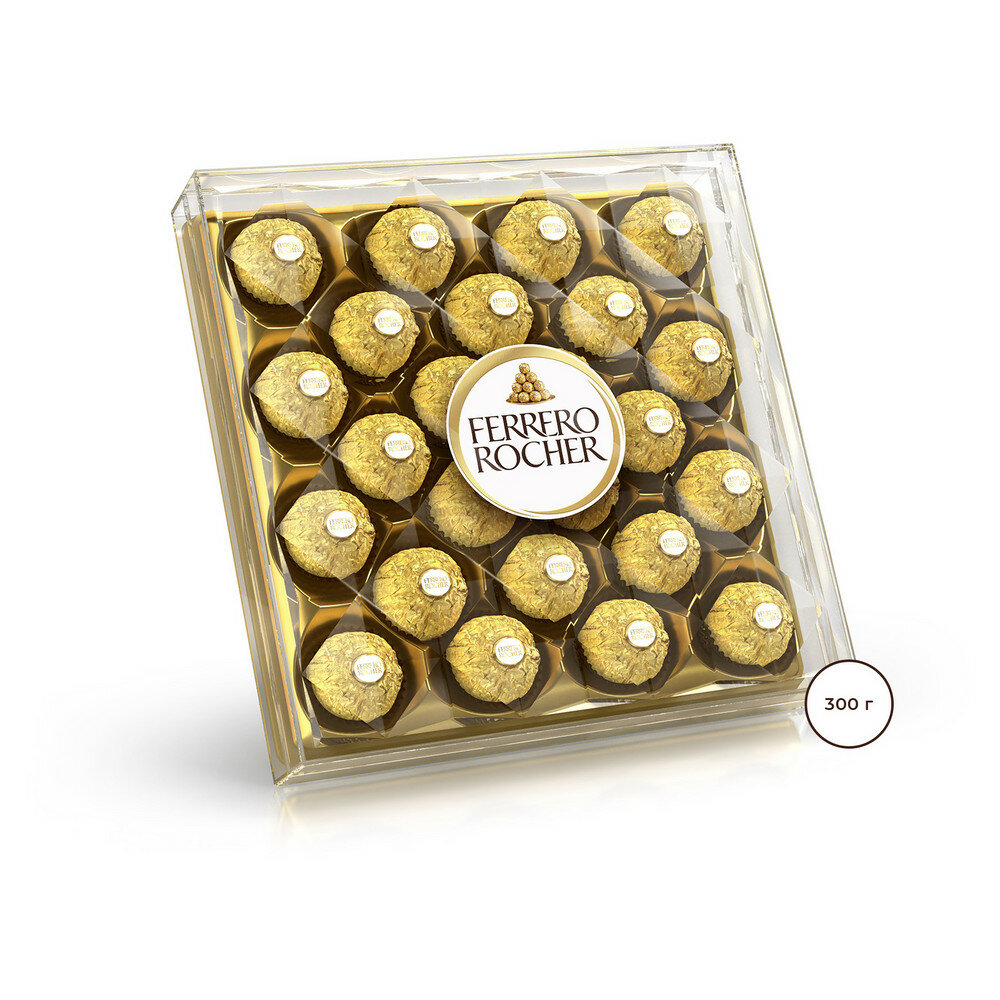 Ferrero Rocher из молочного шоколада, с начинкой из крема и лесного ореха, 300 г, пластиковая коробка, 24 шт. в уп.