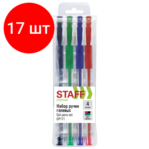 Комплект 17 шт, Ручки гелевые с грипом STAFF EVERYDAY, набор 4 цвета, узел 0.5 мм, линия письма 0.35 мм, 141826