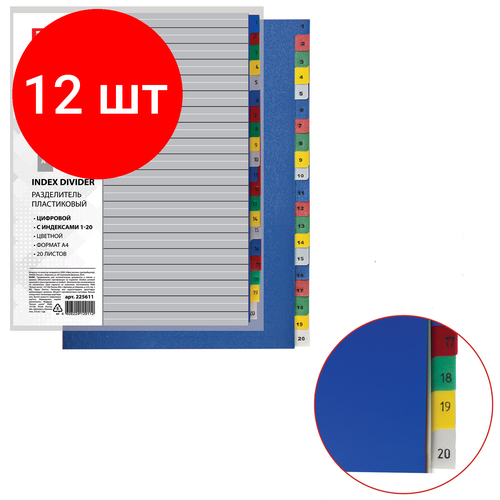 Комплект 12 шт, Разделитель пластиковый BRAUBERG, А4, 20 листов, цифровой 1-20, оглавление, цветной, 225611