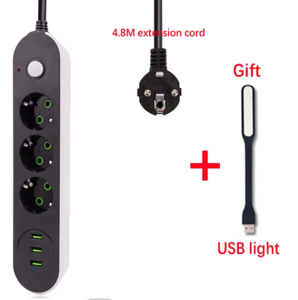 "Сетевой фильтр + USB" - 3 розетки, 3 USB, кабель 4,8м/ Удлинитель черный