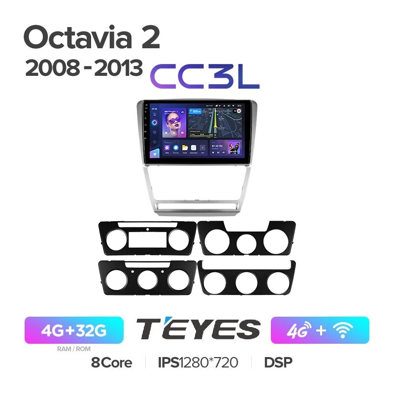 Магнитола Skoda Octavia 2 A5 2008-2013 Teyes CC3L 4/32Гб ANDROID 8-ми ядерный процессор, IPS экран, DSP, 4G модем, голосовое управление