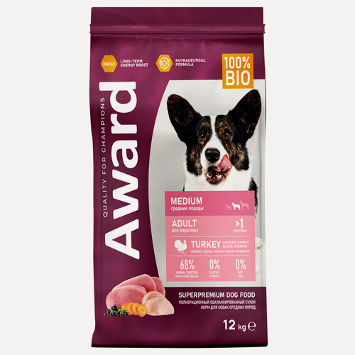 Изображение товара AWARD сухой корм для взрослых собак средних пород (индейка, курица, морковь, черная смородина) 12кг