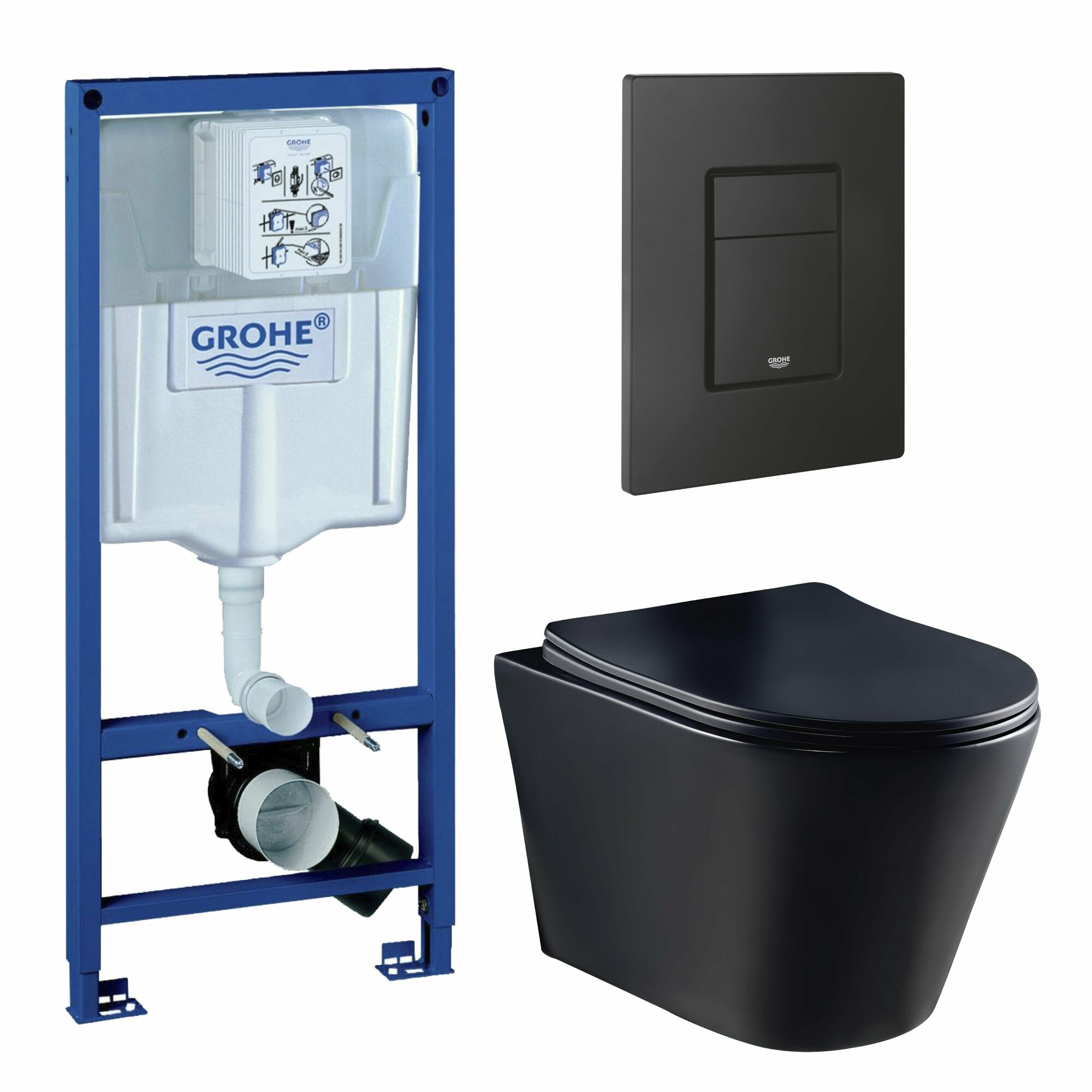 фото Подвесной унитаз комплект 4 в 1 инсталляция Grohe black, Унитаз подвесной CULTO MONET Black, кнопка GROHE Skate Cosmopolitan черная матовая, сиденье микролифт