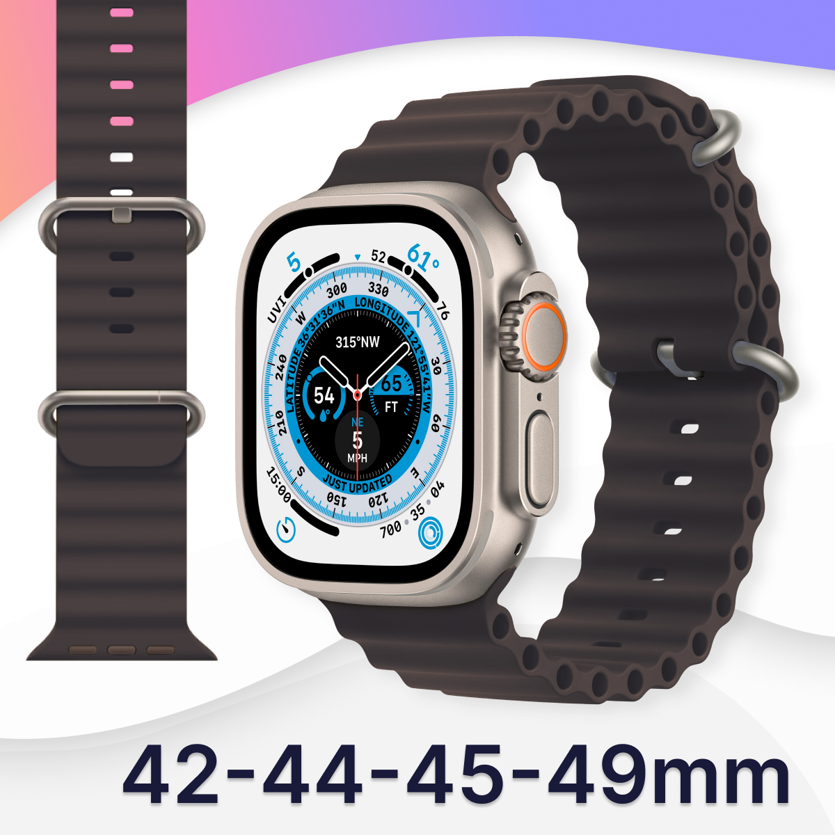 Силиконовый ремешок Ocean Band на смарт часы Apple Watch 1-9, SE, Ultra 42-44-45-49 мм / Браслет для Эпл Вотч 1, 2, 3, 4, 5, 6, 7, 8, 9, СЕ, Ультра / Древесный уголь