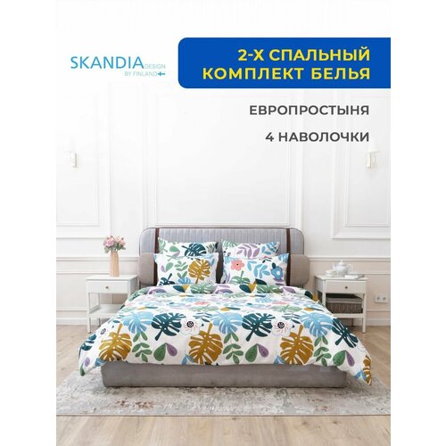 Комплект постельного белья SKANDIA design by Finland 2-x спальный с евро простыней, двухспальный, Микро Сатин, 4 наволочки, X156 Белый с цветами