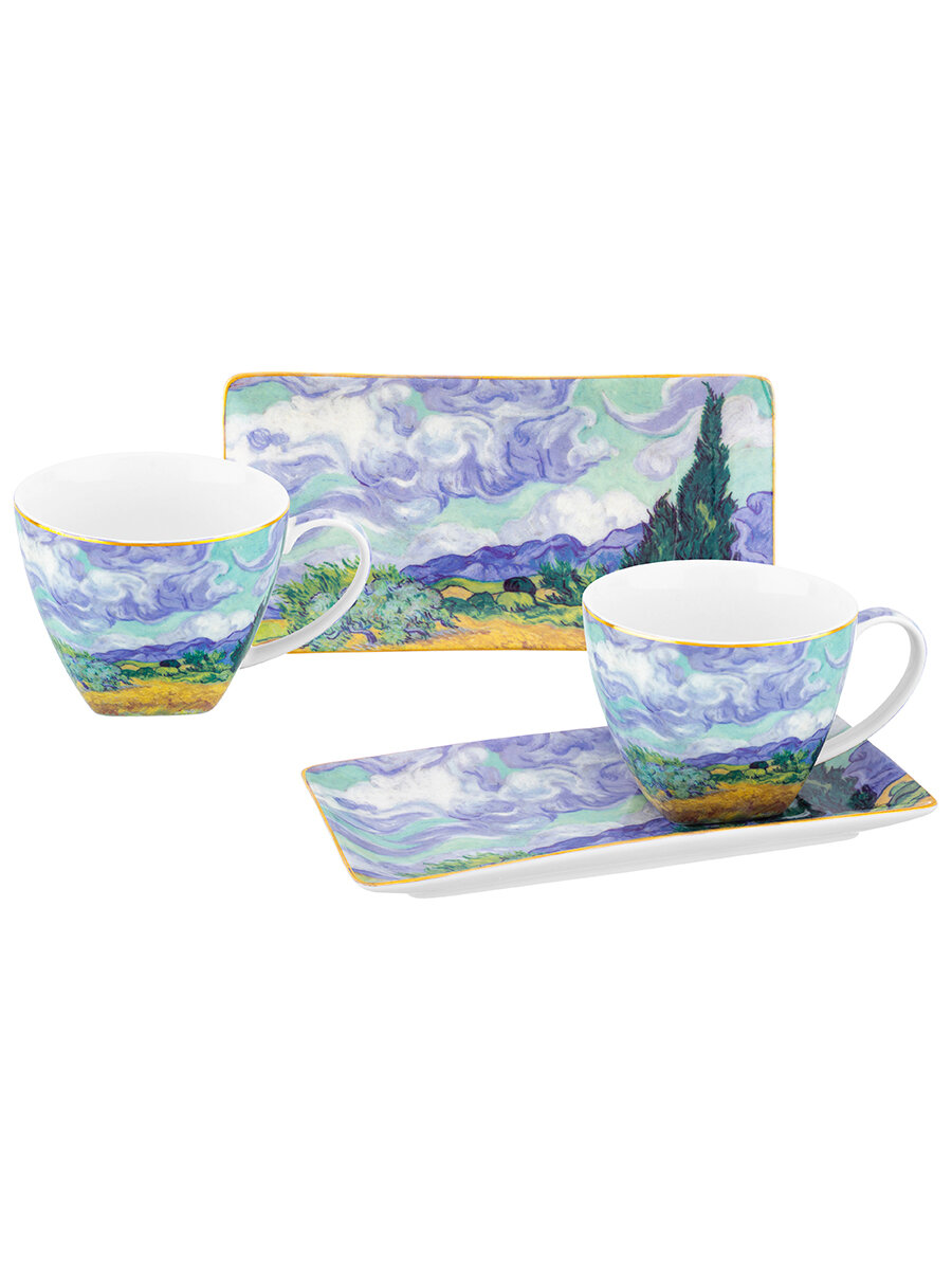 фото Чайная пара / чашка с блюдцем для десерта 4 пр. 250 мл Elan Gallery Пшеничное поле с кипарисами