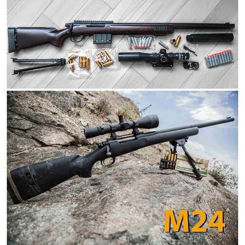 Детская снайперская винтовка М24 с прицелом и реалистично вылетающими гильзами на мягких пулях EWA игрушечная пневматическая снайперская винтовка m24