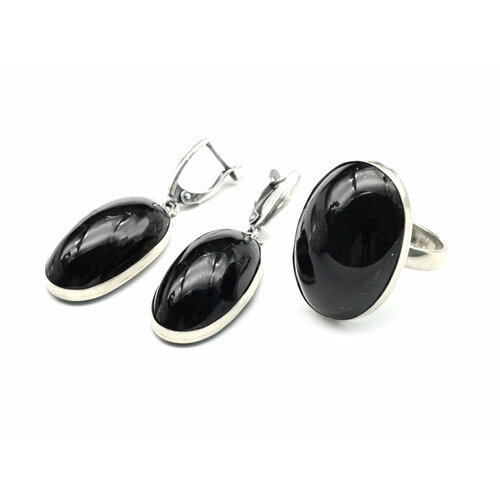 Комплект бижутерии: кольцо, серьги, морион, размер кольца 20, черный
