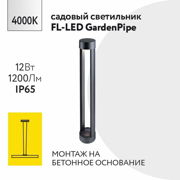 Уличный напольный светильник Foton Lighting 12Вт 230В Высота 600мм 4000К Нейтральный белый свет IP65 Черный металл. Архитектурный садово-парковый светильник. Дизайнерский ландшафтный светильник