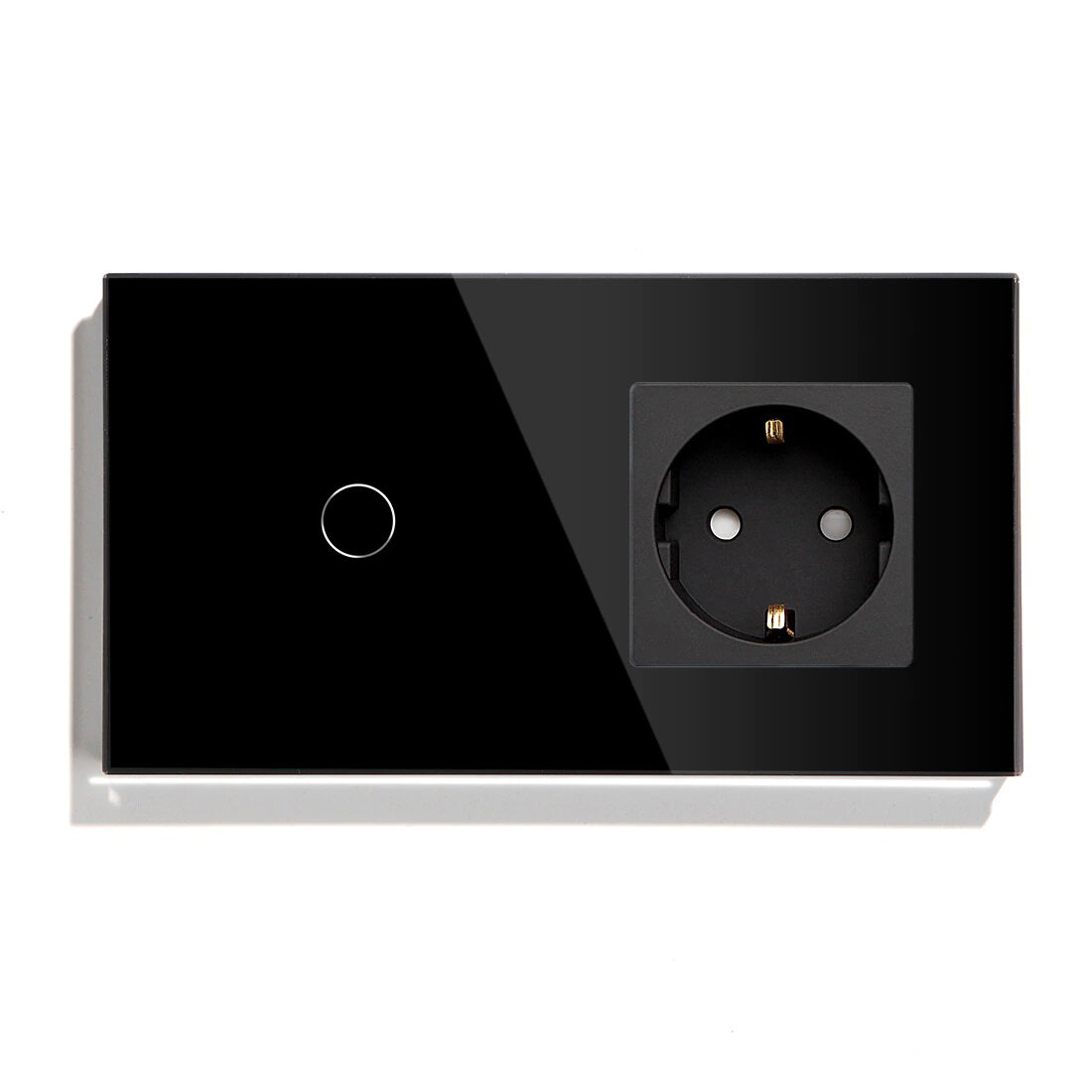 фото Сенсорный выключатель с розеткой 1 клавиша 1 розетка, 2 поста (1G+1Eu), стекло 157х86мм, цвет черный