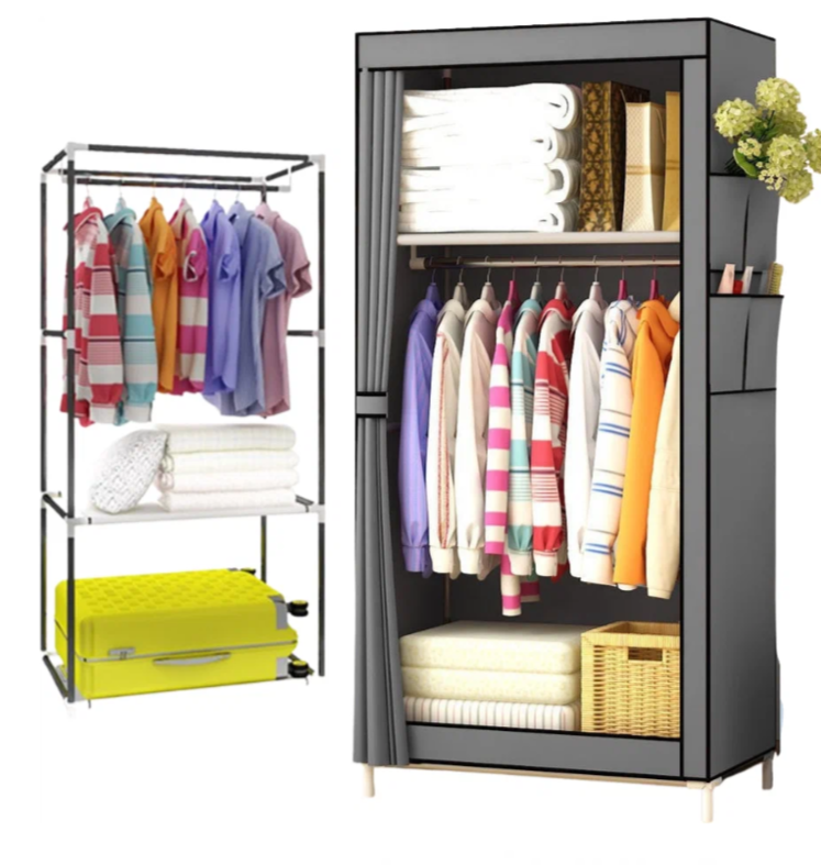 Металлический, складной, серый шкаф с чехлом для хранения одежды, белья, обуви, игрушек 70х45х160 см / Каркасный серебристый стеллаж для вещей