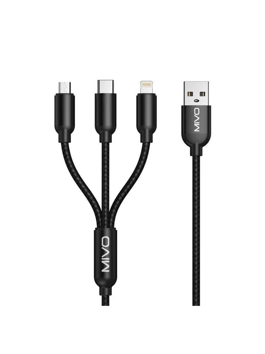 Шнур для зарядки с разъемом 3 в 1 USB-Apple-Lightning+ Micro+Type-C Mivo MX-74 1200 мм/ Провод для зарядки телефона