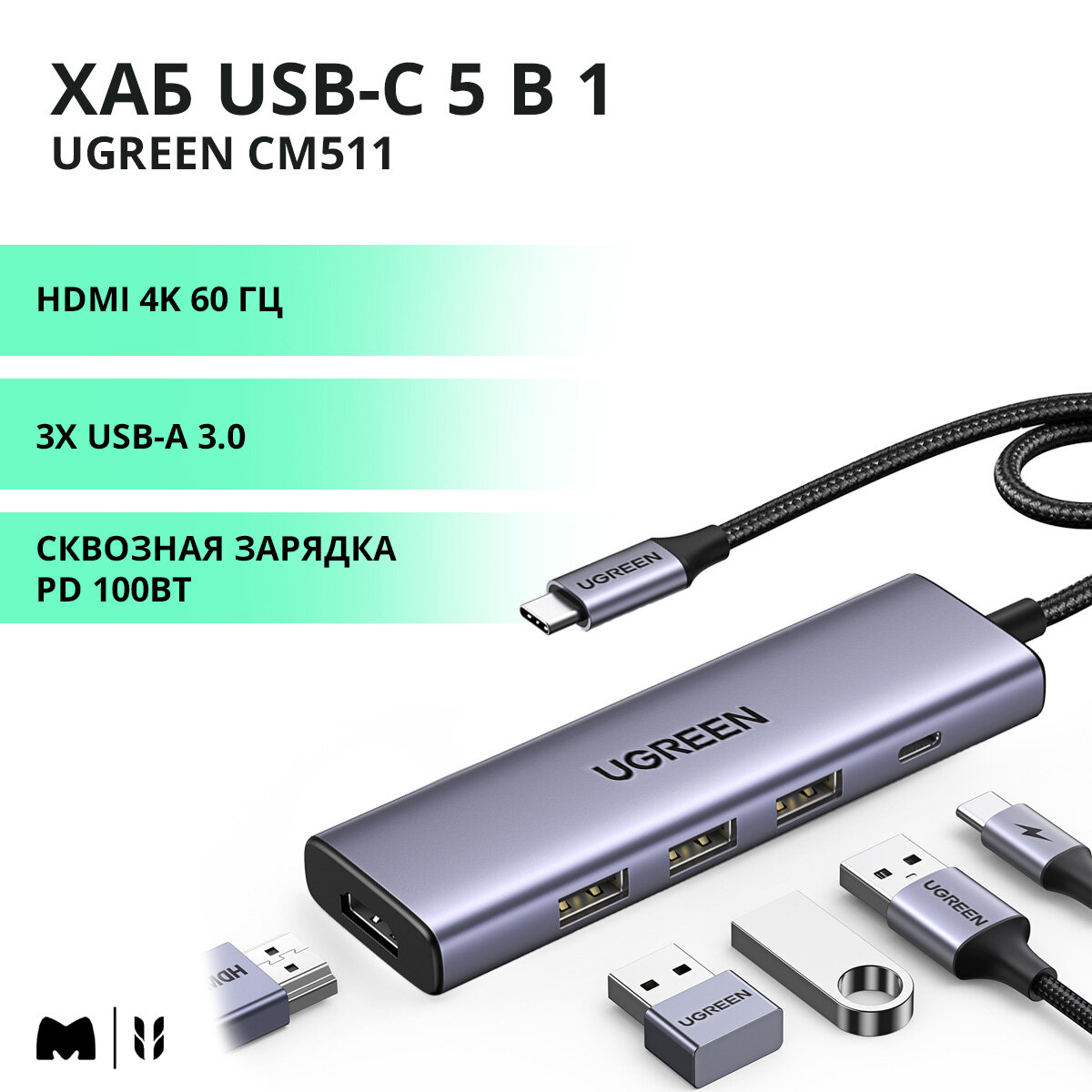 Хаб USB-C 5 в 1 UGREEN CM511 / HDMI 4К 60Гц / 3хUSB-A 3.0 / PD зарядка 100Вт / цвет серый космос (15597)