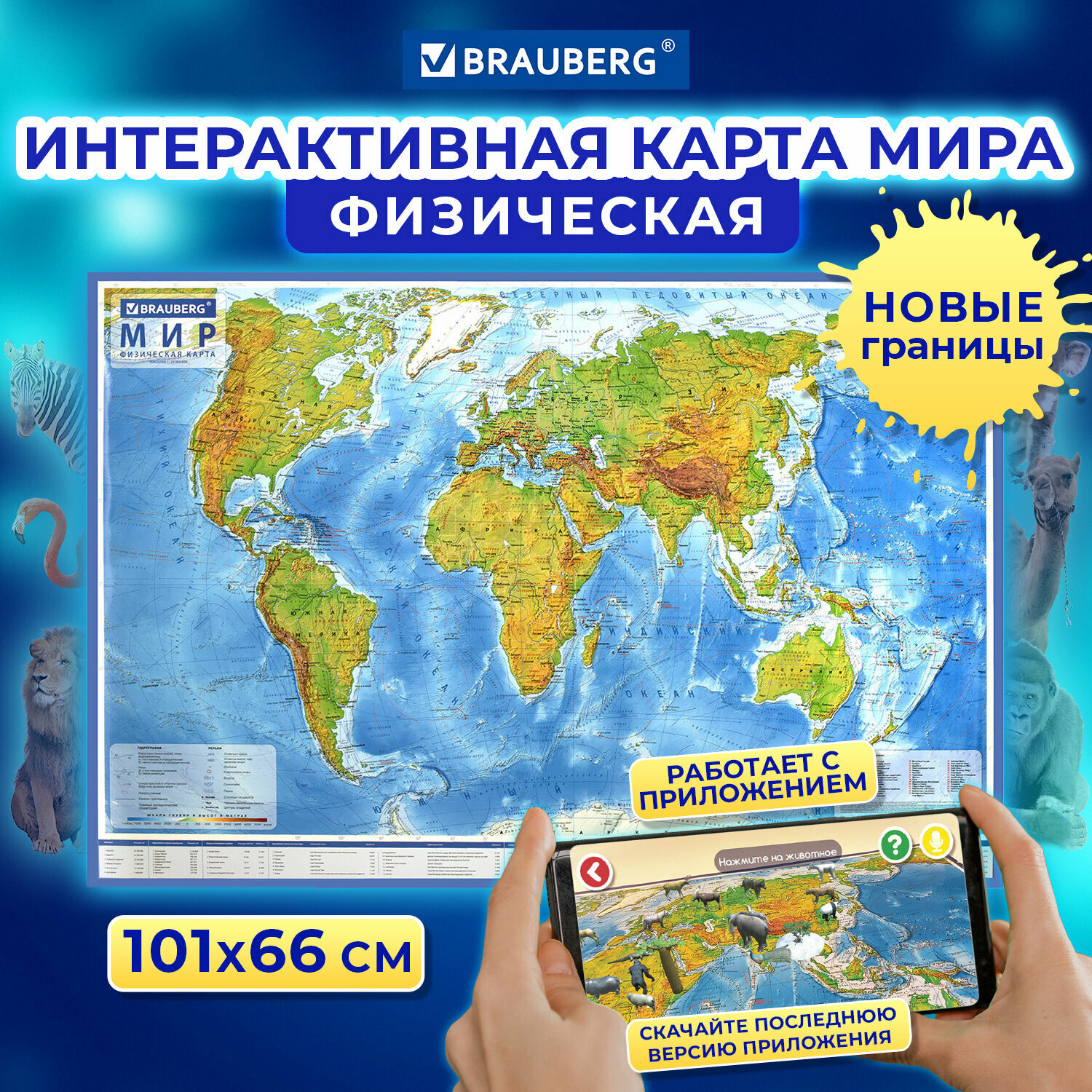 BRAUBERG Карта мира физическая 1:29 с ламинацией интерактивная (112377) 66 × 101 см