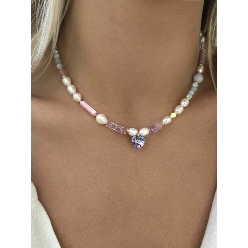 Чокер MOON SOUL, розовый кварц, стекло, агат, перламутр, длина 35 см, розовый/фиолетовый