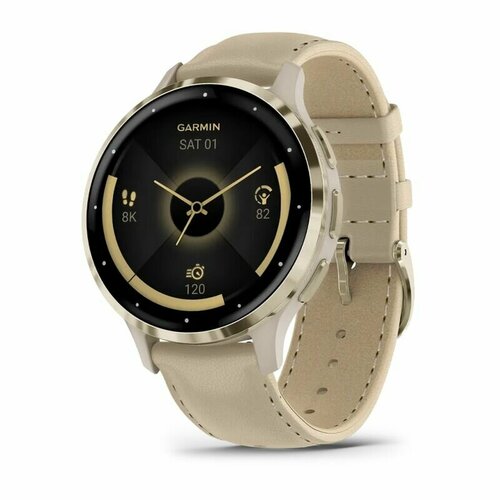 фото Часы garmin venu 3s "французский серый" с золотистым безелем и кожаным ремешком, 010-02785-55