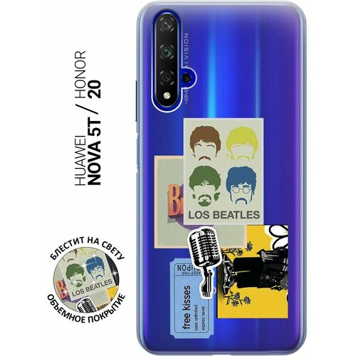 Силиконовый чехол на Honor 20, Huawei Nova 5T, Хонор 20, Хуавей Нова 5Т с 3D принтом Beatles Stickers прозрачный чехол книжка на honor 20 pro хонор 20 про с 3d принтом beatles stickers черный