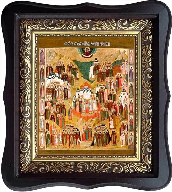 Собор всех святых, в земле Русской просиявших. Икона на холсте. (15 х 18 см / В фигурном киоте)