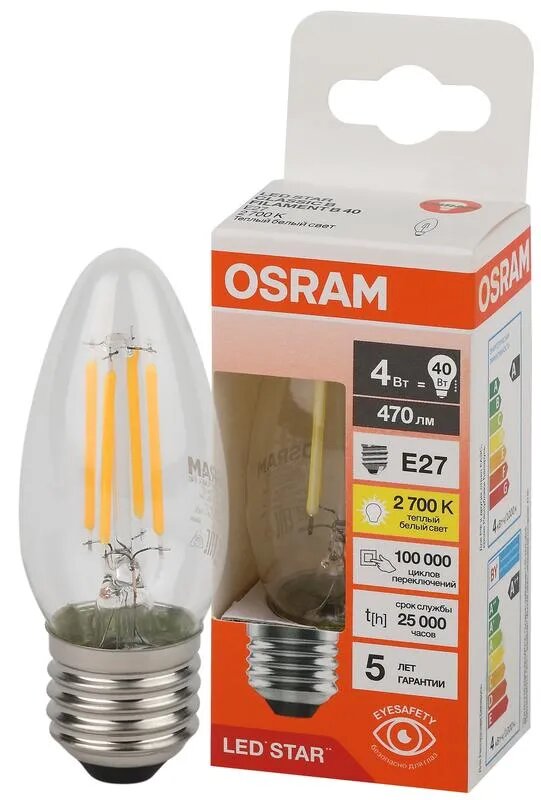 Лампочка светодиодная Osram филаментная стекло Свеча B E27 4Вт 220В 470Лм 2700К Теплый белый уп. 1шт