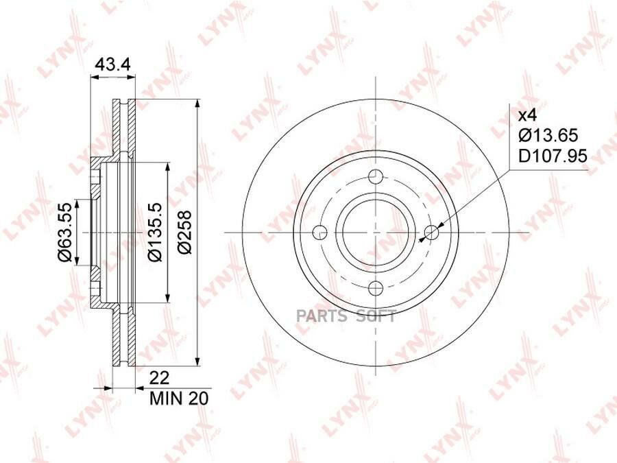LYNXAUTO BN-1026 Диск тормозной передний (258x22) подходит для FORD Focus I 1.4-2.0 99-04 / Fiesta IV-V 1.0-1.6D 95-08 / Fusion 1.25-1.6D 02-12, MAZDA 2(DY) 1.2-1.6 03 BN-1026