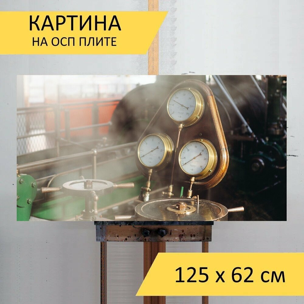 Картина на ОСП 125х62 см. "Паровой двигатель, машина, двигатель" горизонтальная, для интерьера, с креплениями