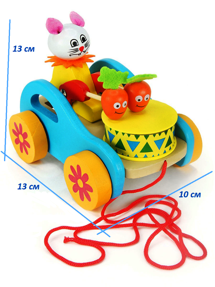 Деревянная игрушка каталка для детей "Зайчик барабанщик на веревке"