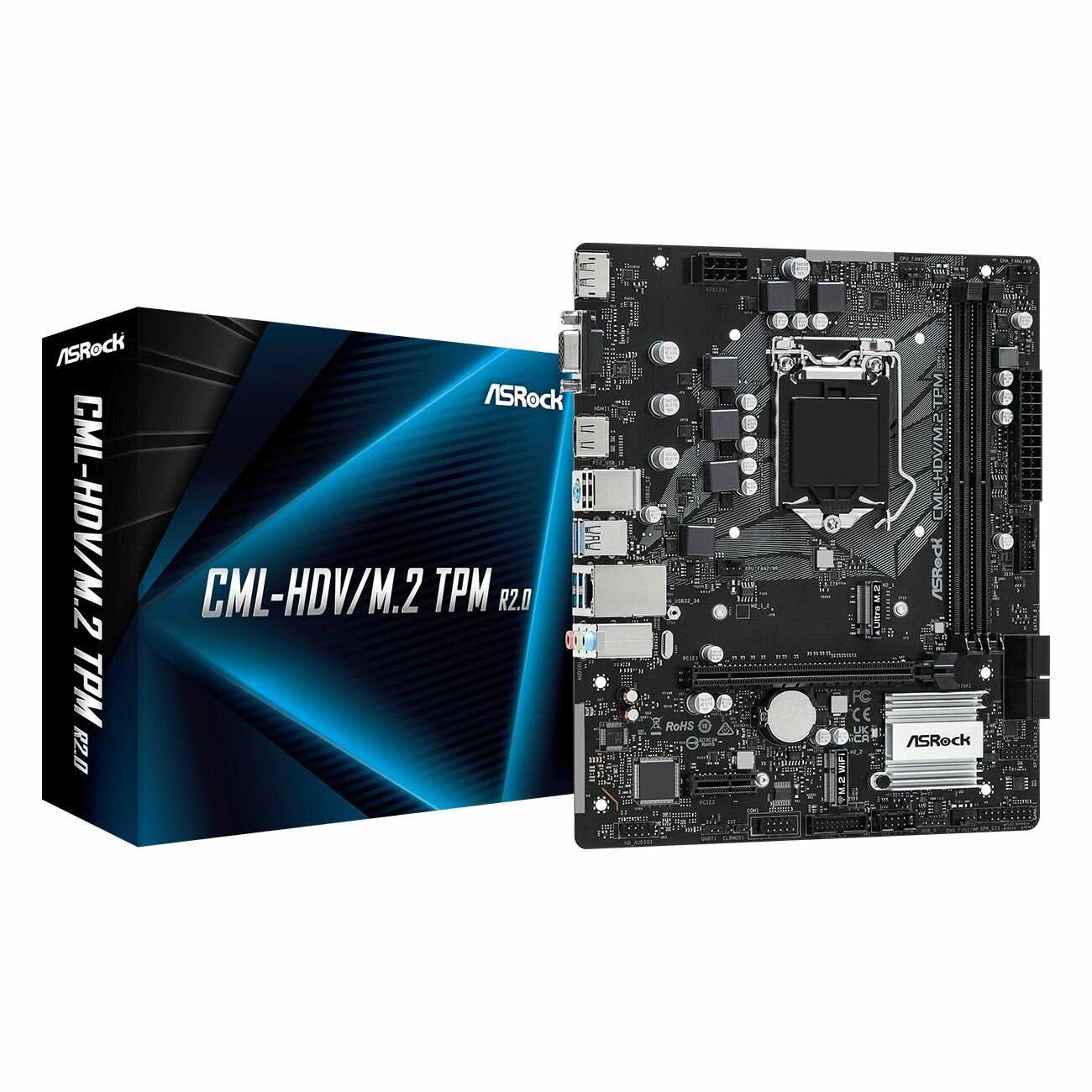 Материнская плата ASRock CML-HDV/M.2 TPM R2.0, Intel, LGA1200, H310, DDR4, VGA, DVI, HDMI, Micro-ATX