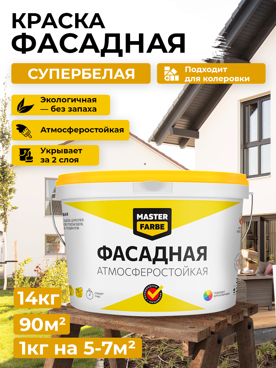 Краска фасадная MASTERFARBE для минеральных поверхностей, атмосферостойкая, полуматовое покрытие, белая, 14кг